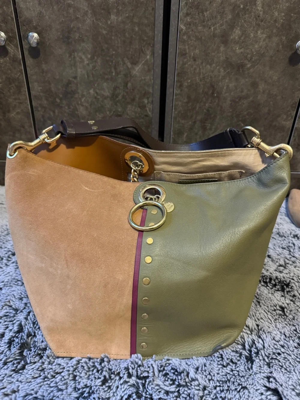 See By Chloe Two-Tone Olive & Tan Leather Shoulder Bag with Gold Hardware - Picture 1 of 14